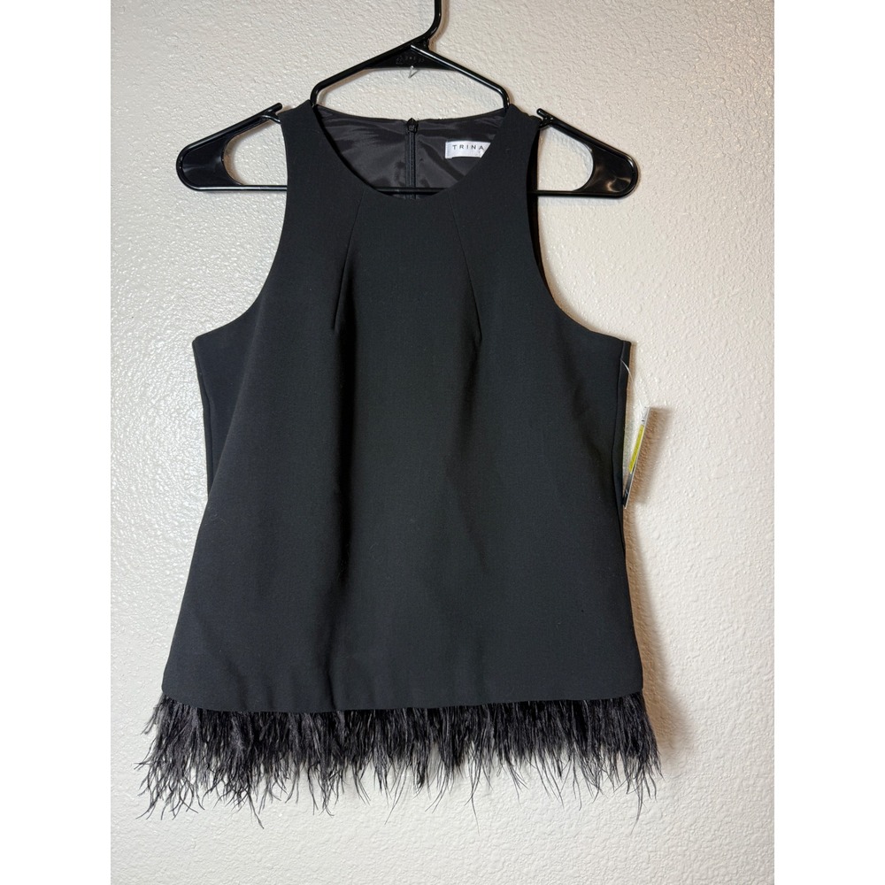 NWT Trina Turk Black Feather Trim Sleeveless Top XS Designer Statement